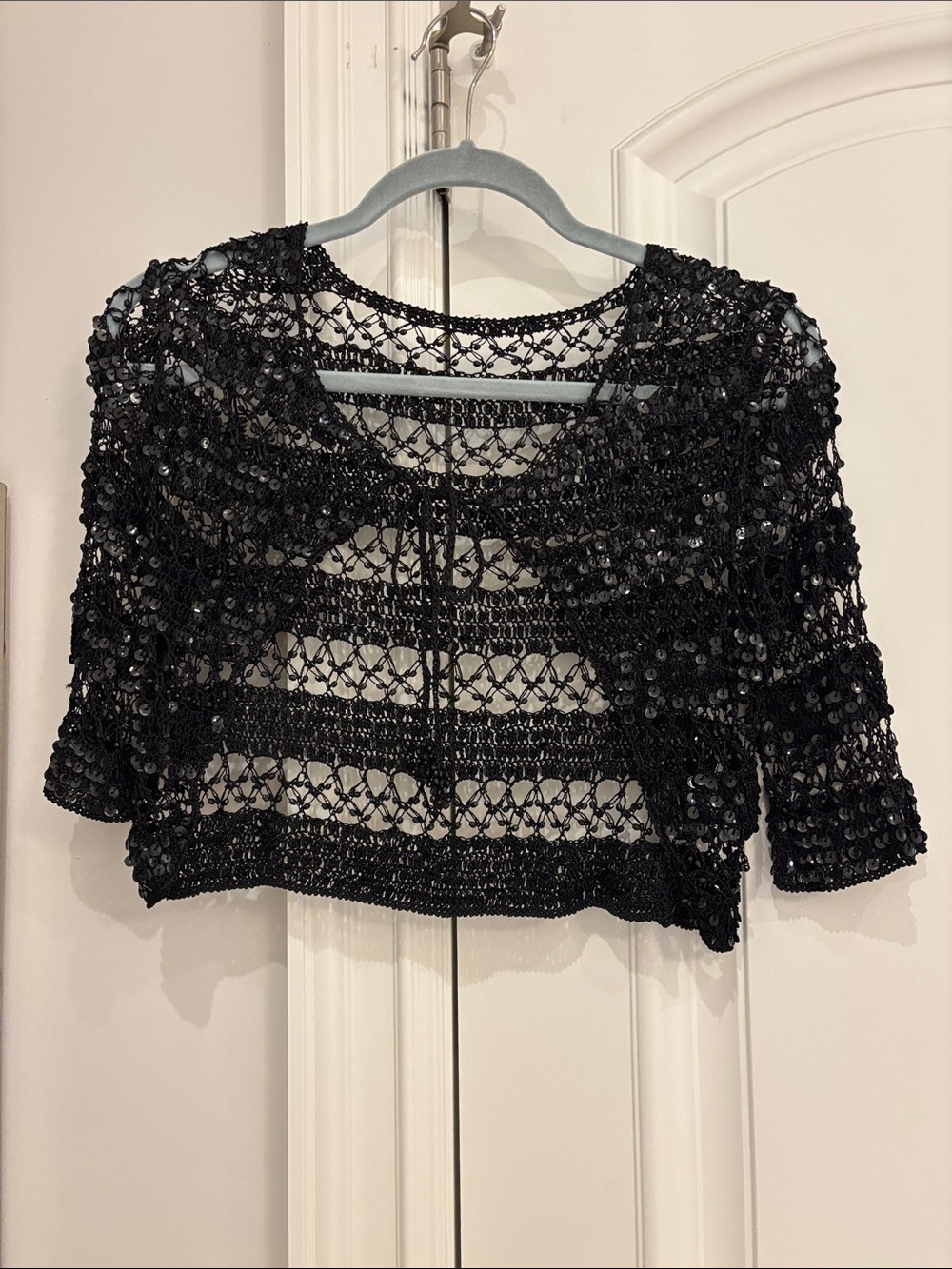 Black Sequin Crochet Crop Top - Feminine Evening Layer